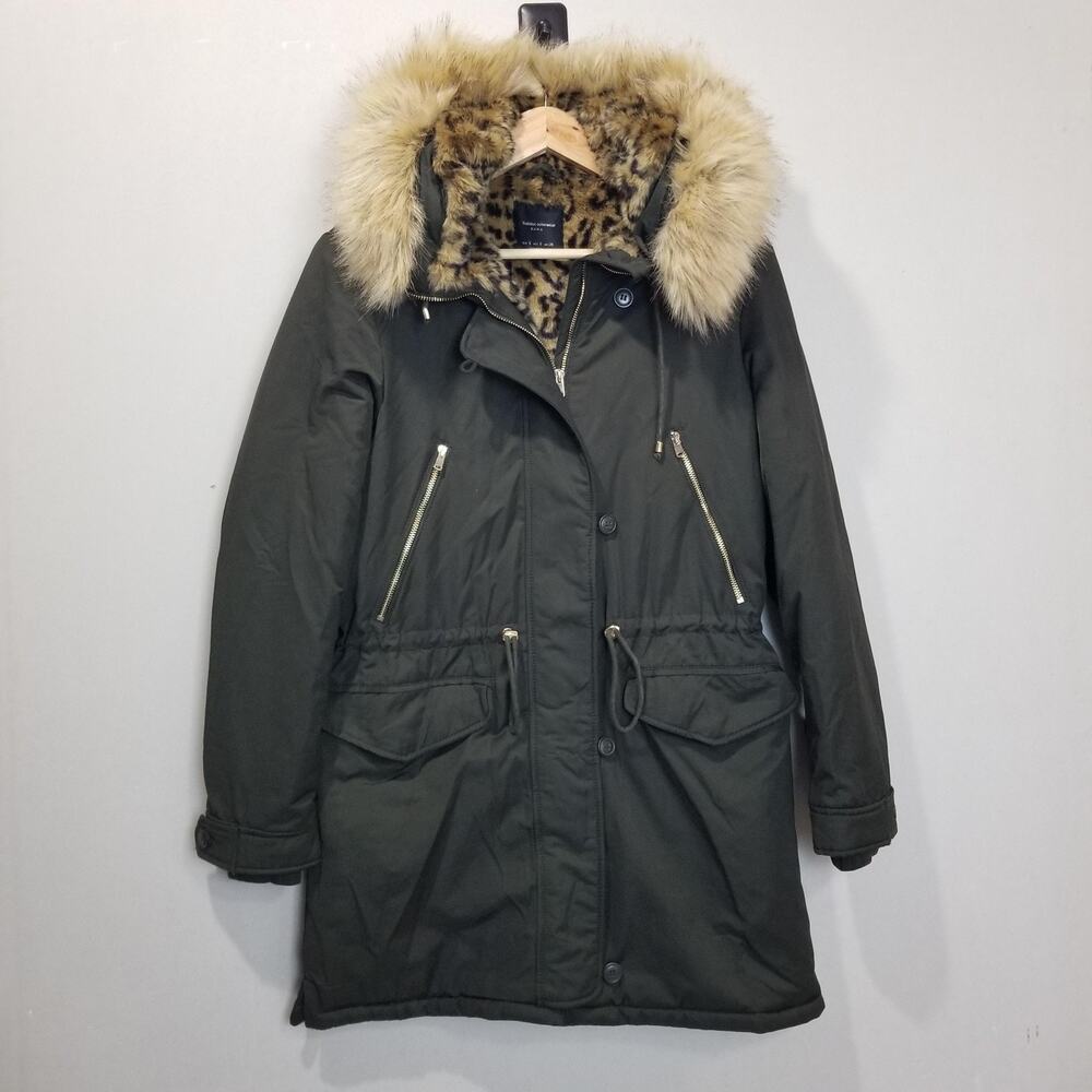 Zara Trafaluc Parka Womens Small Green Leopard Faux Fur Hood Winter Coat Strap